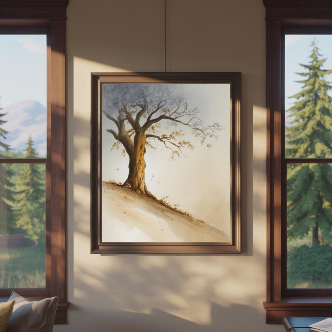 Solitary Tree On Hill Minimalist Autumn Landscape Watercolor Print - Image 3
