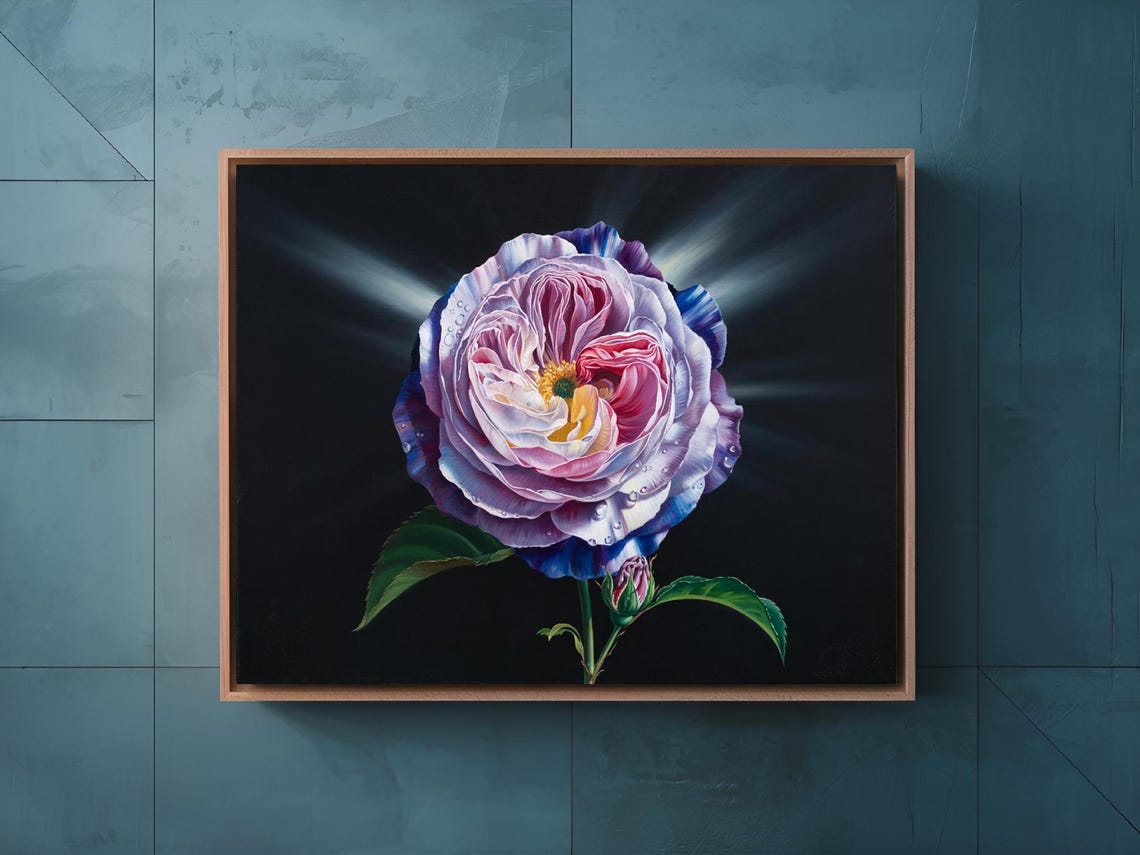 Juliet Rose Full Bloom With Leaves And Bud On Black Wall Art