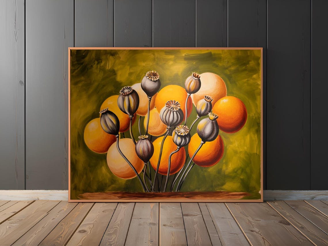 Dried Poppy Seed Pods With Orange Orbs Botanical Nature Wall Art