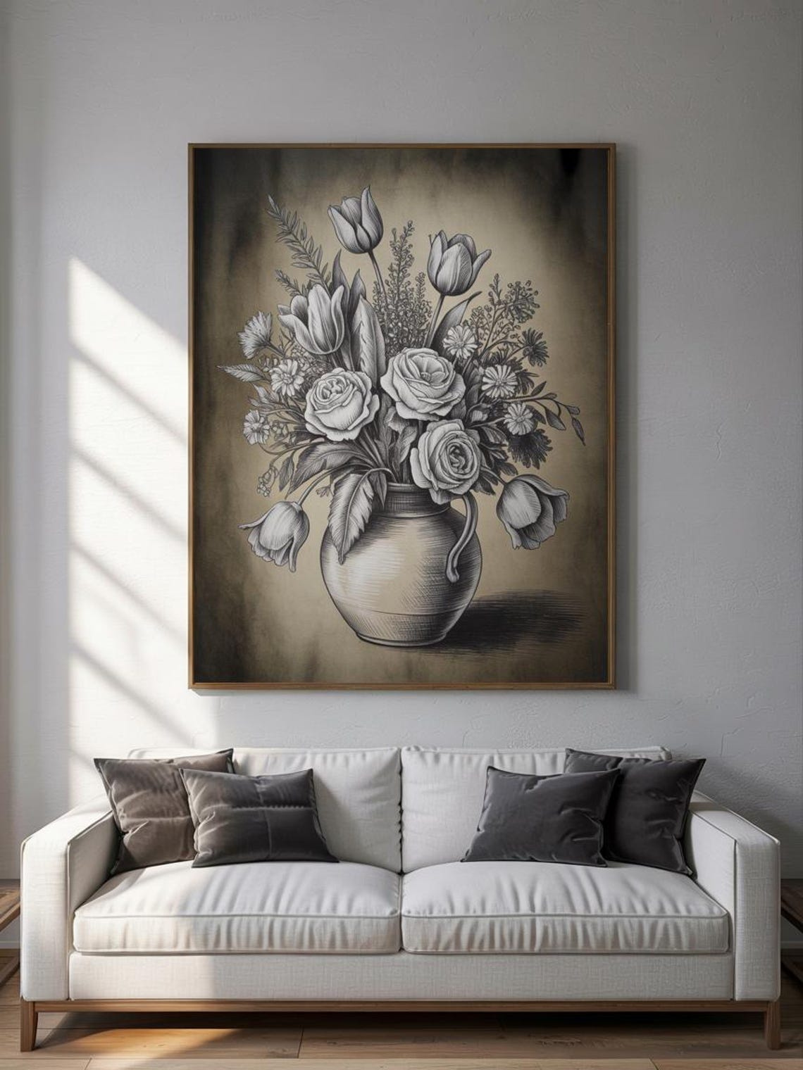 Charcoal Botanical Bouquet Roses Tulips Sepia Still Life Wall Art