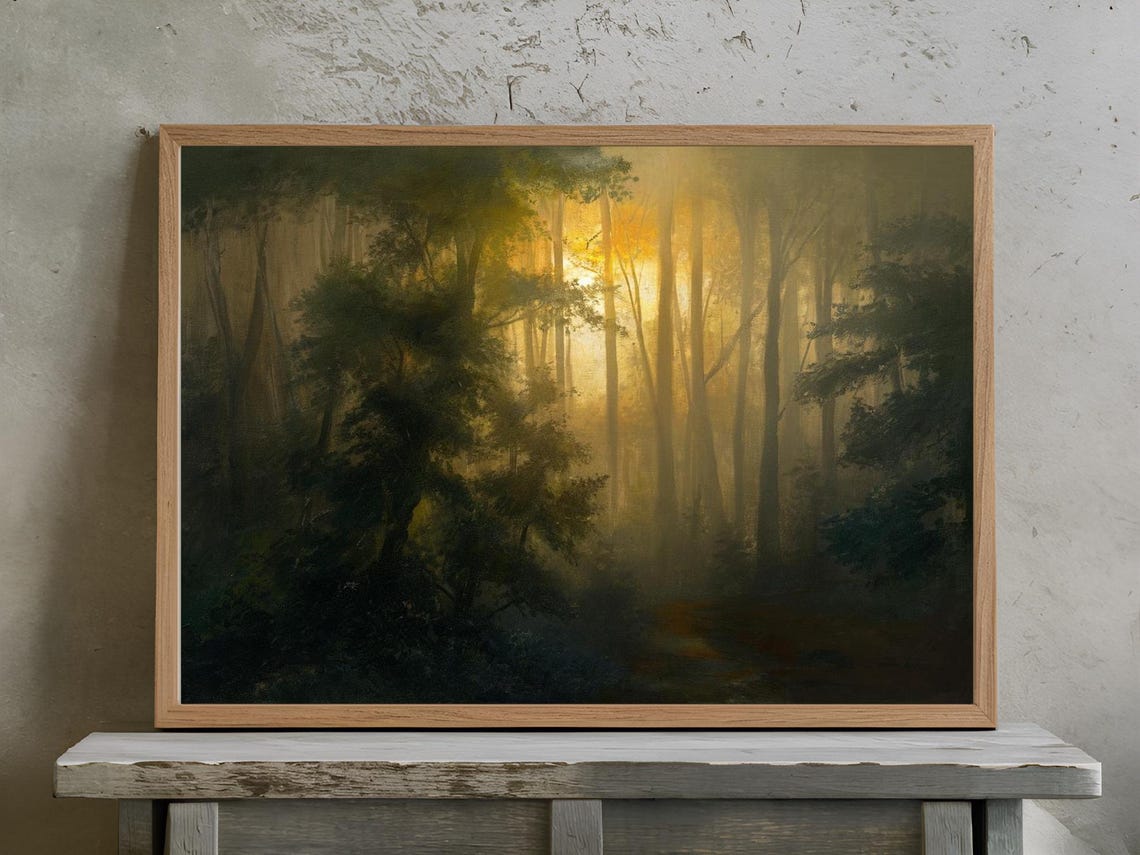Golden Misty Forest Sunrise Tall Trees Ethereal Light Art Print