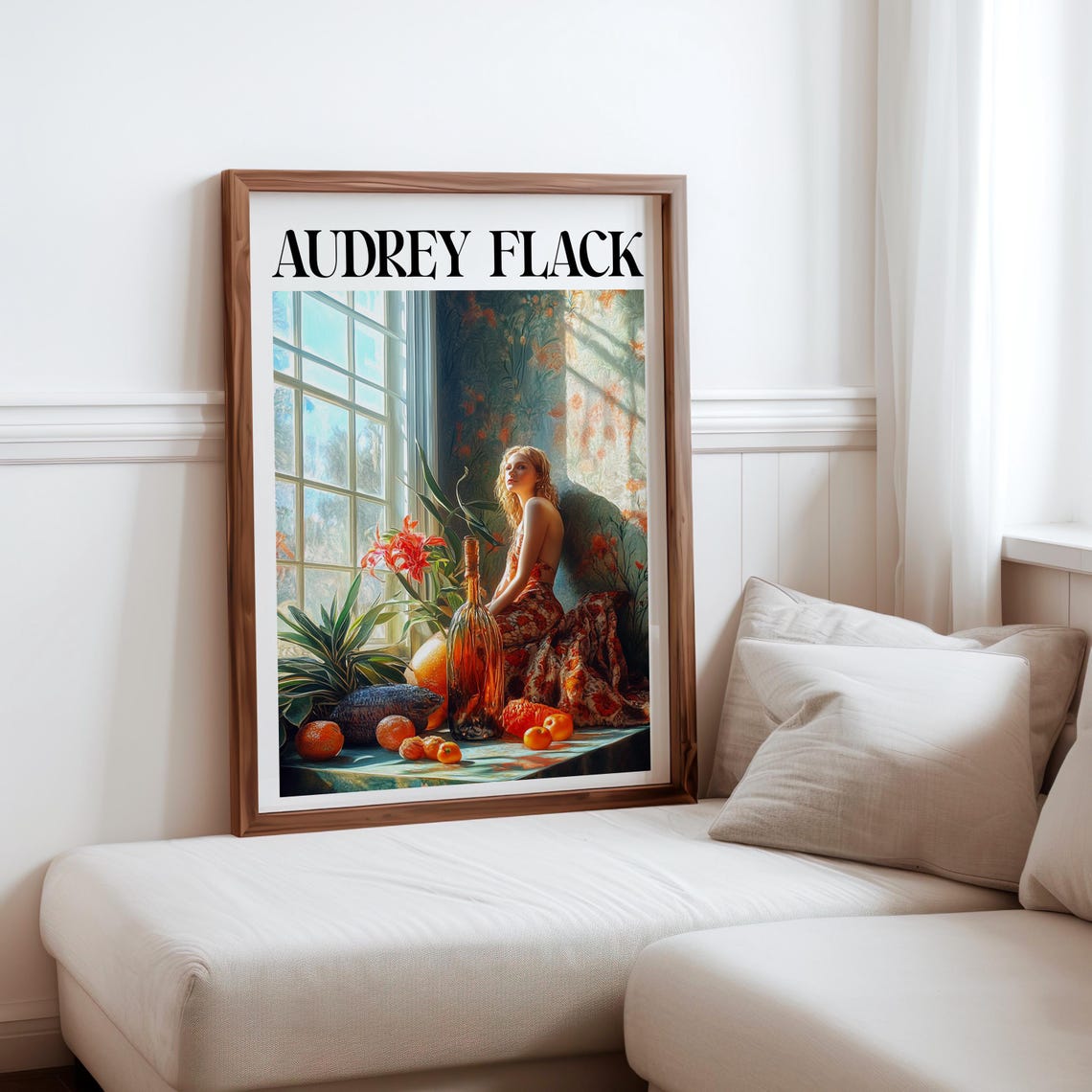 Audrey Flack Woman Sunlit Window Oranges Glass Bottle Art Poster