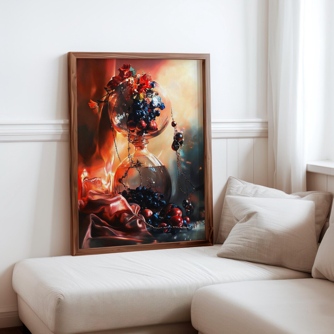 Glass Vessel with Grapes and Flowers Golden Still Life Poster