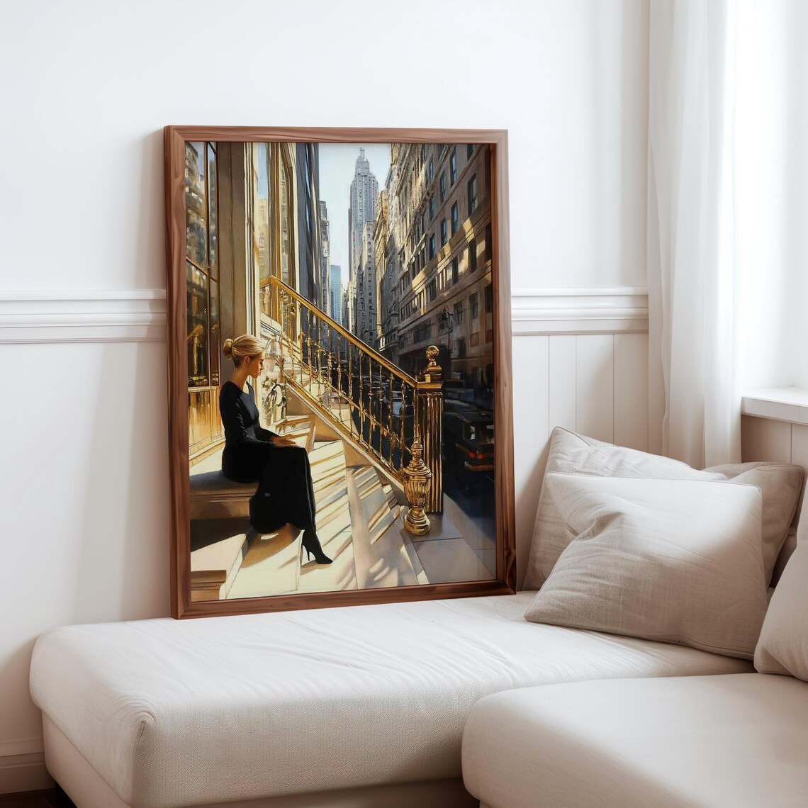Photorealistic Woman On Steps Brass Railing City Skyscraper Poster