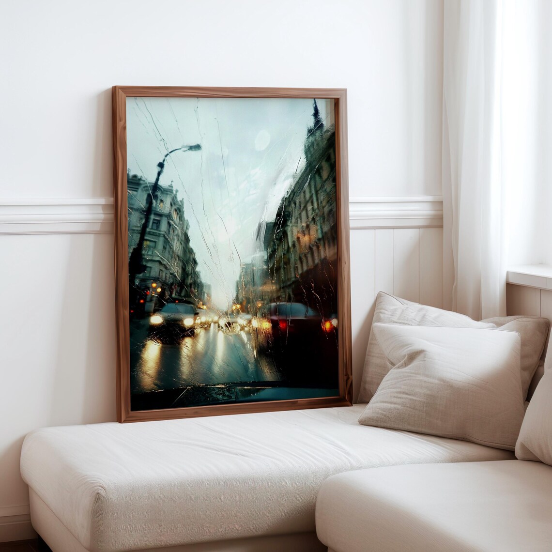 Rain Streaked Windshield View City Street Headlights Night Art Poster