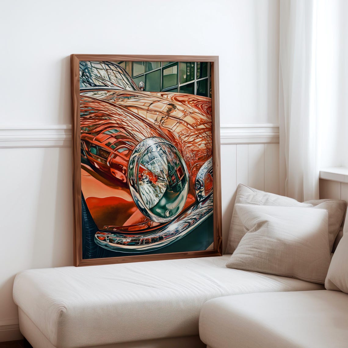 Red Classic Car Headlight City Reflection Chrome Detail Poster