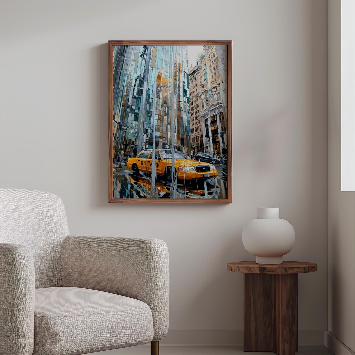 Yellow Taxi Wet City Street Glass Building Reflections Art Poster - Image 2