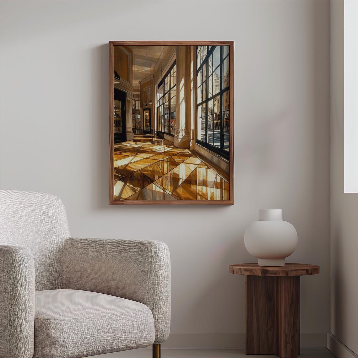Photorealistic Sunlit Marble Gallery Golden Window Light Poster - Image 2