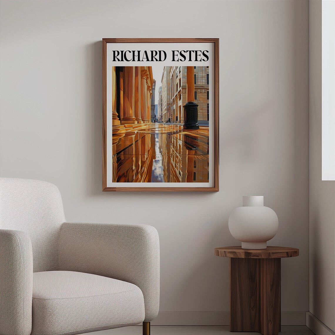 Classical Columns Wet Pavement Mirror Photorealism Golden City Poster - Image 2