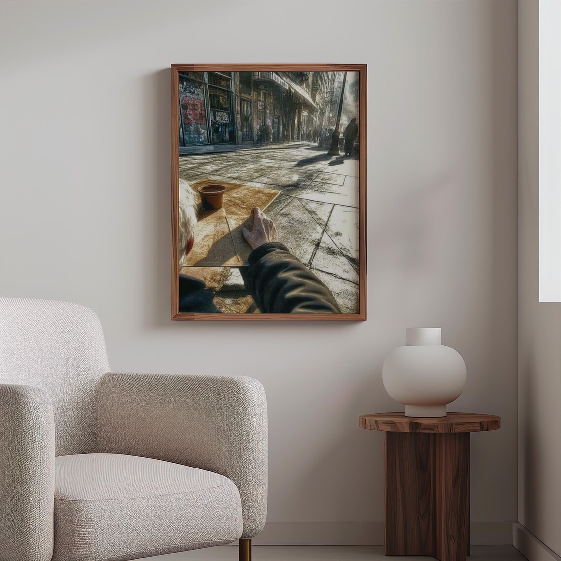 Outstretched Hand Cup POV Sunlit City Plaza Photorealism Poster - Image 2