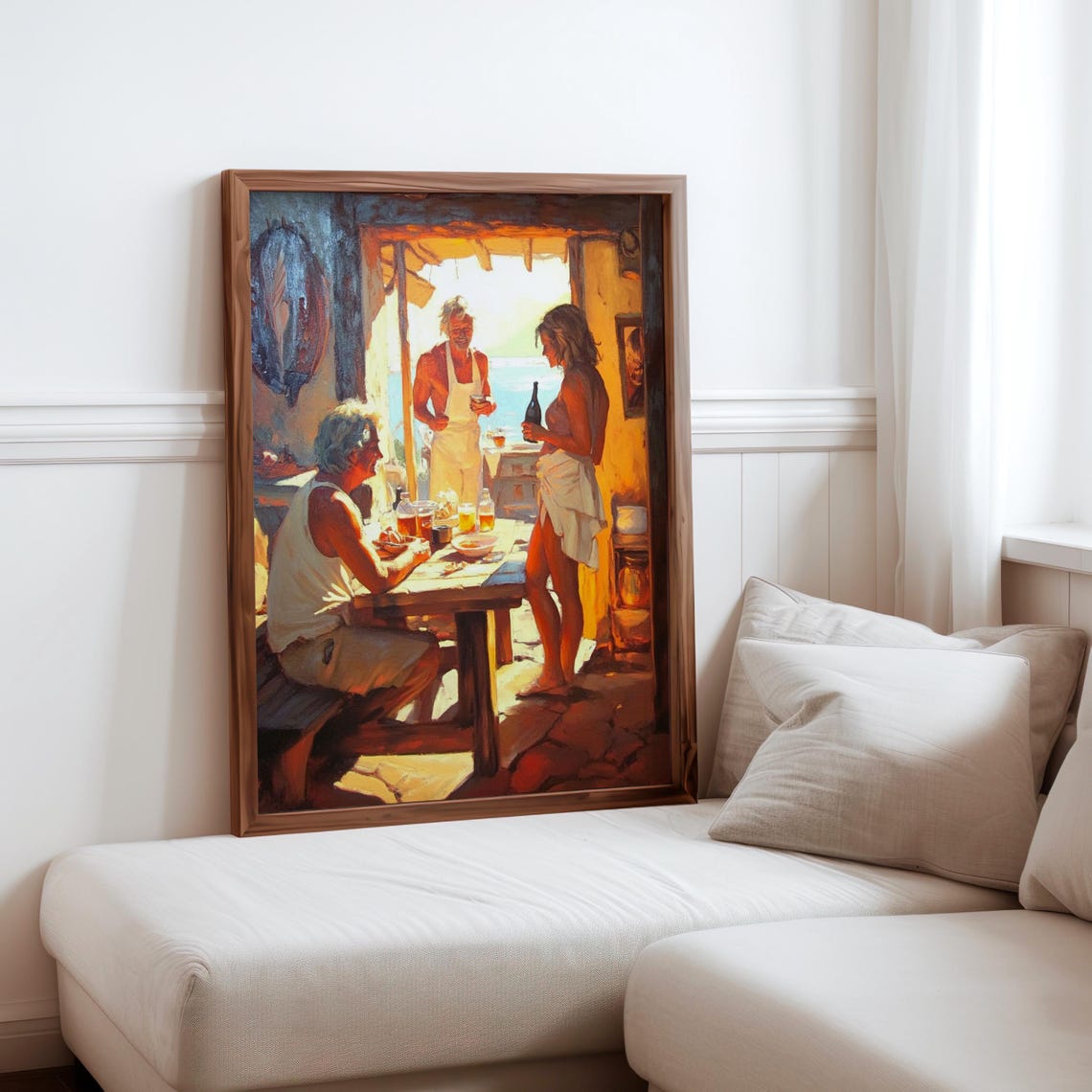 Golden Hour Seaside Taverna Friends Sharing Drinks Impressionist Print