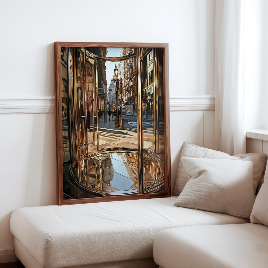 Photorealistic Brass Revolving Doors Reflecting Busy Street Poster