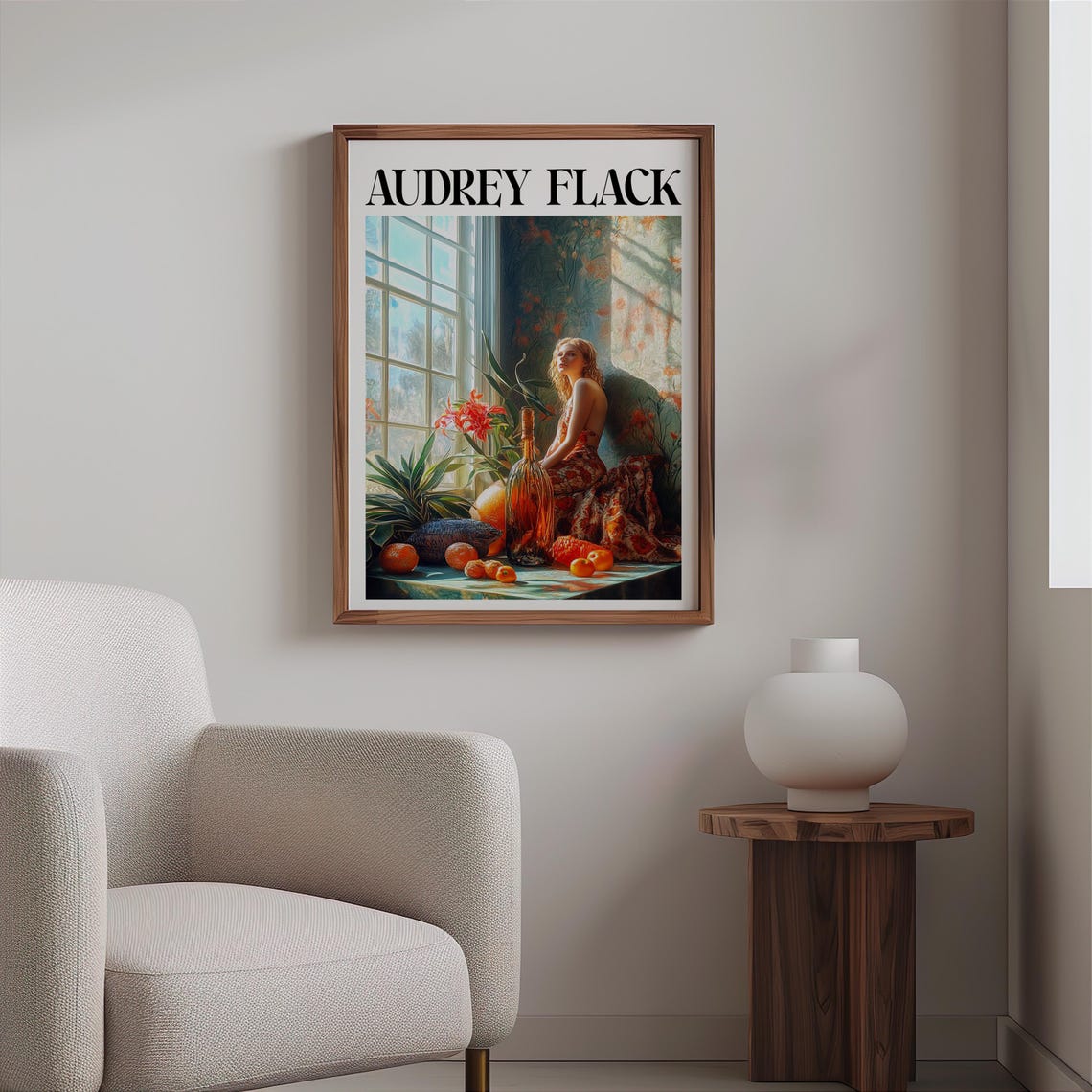 Audrey Flack Woman Sunlit Window Oranges Glass Bottle Art Poster - Image 2