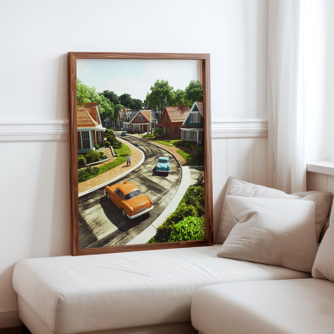 Orange Vintage Car Curving Suburban Street Photorealistic Art Poster