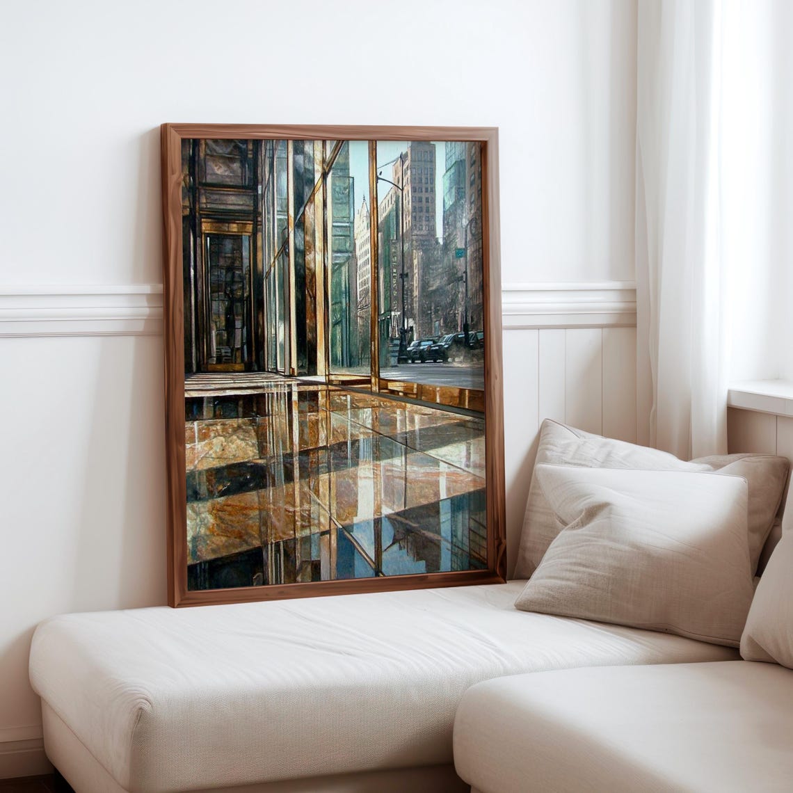 Photorealistic Glass Storefront Marble Floor City Reflections Poster