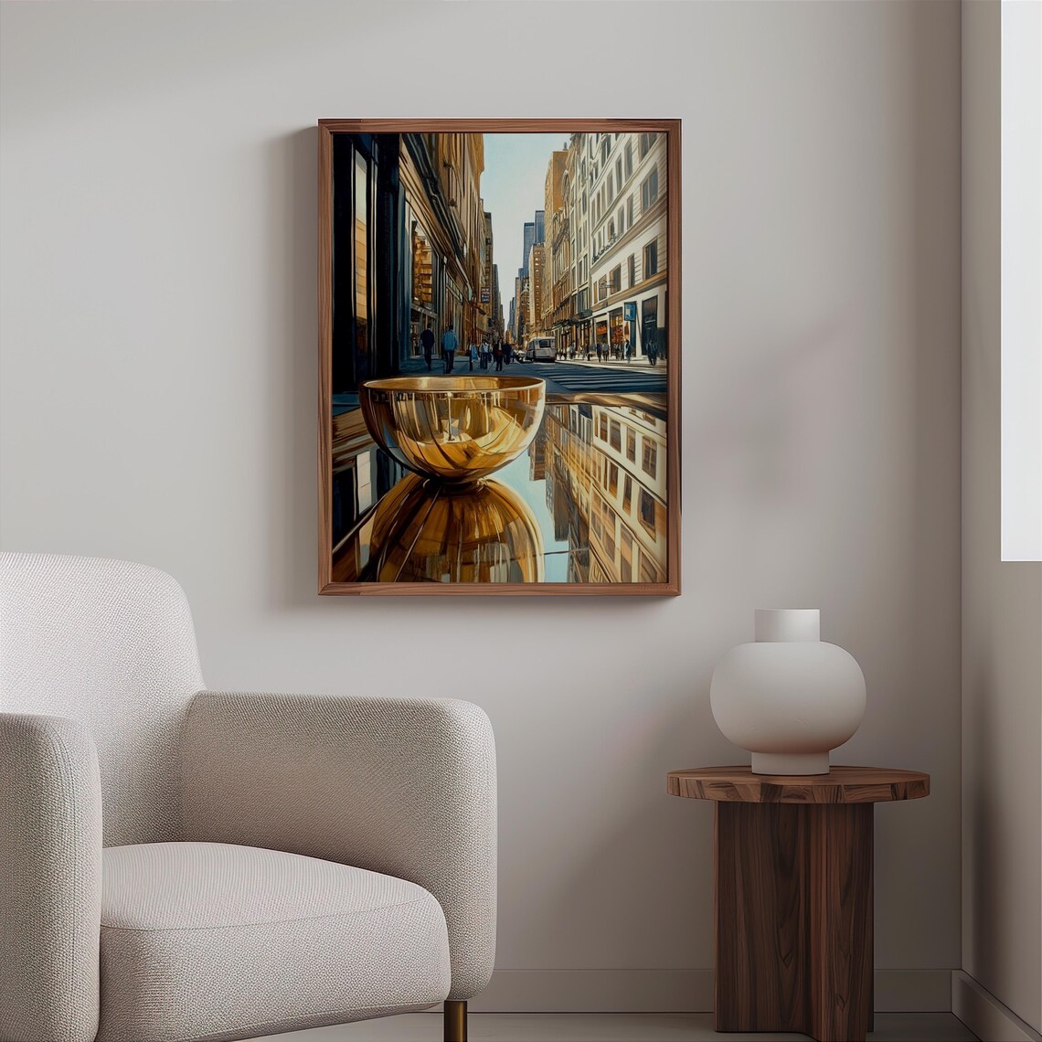 Photorealistic Golden Vessel Sculpture Before Busy City Street Poster - Image 2