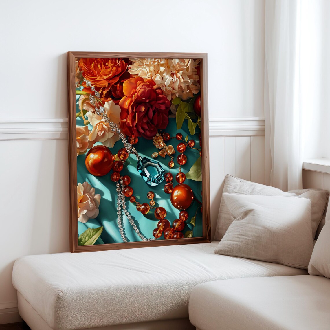 Roses Amber Beads Jewelry Teal Silk Luxurious Photorealism Art Poster