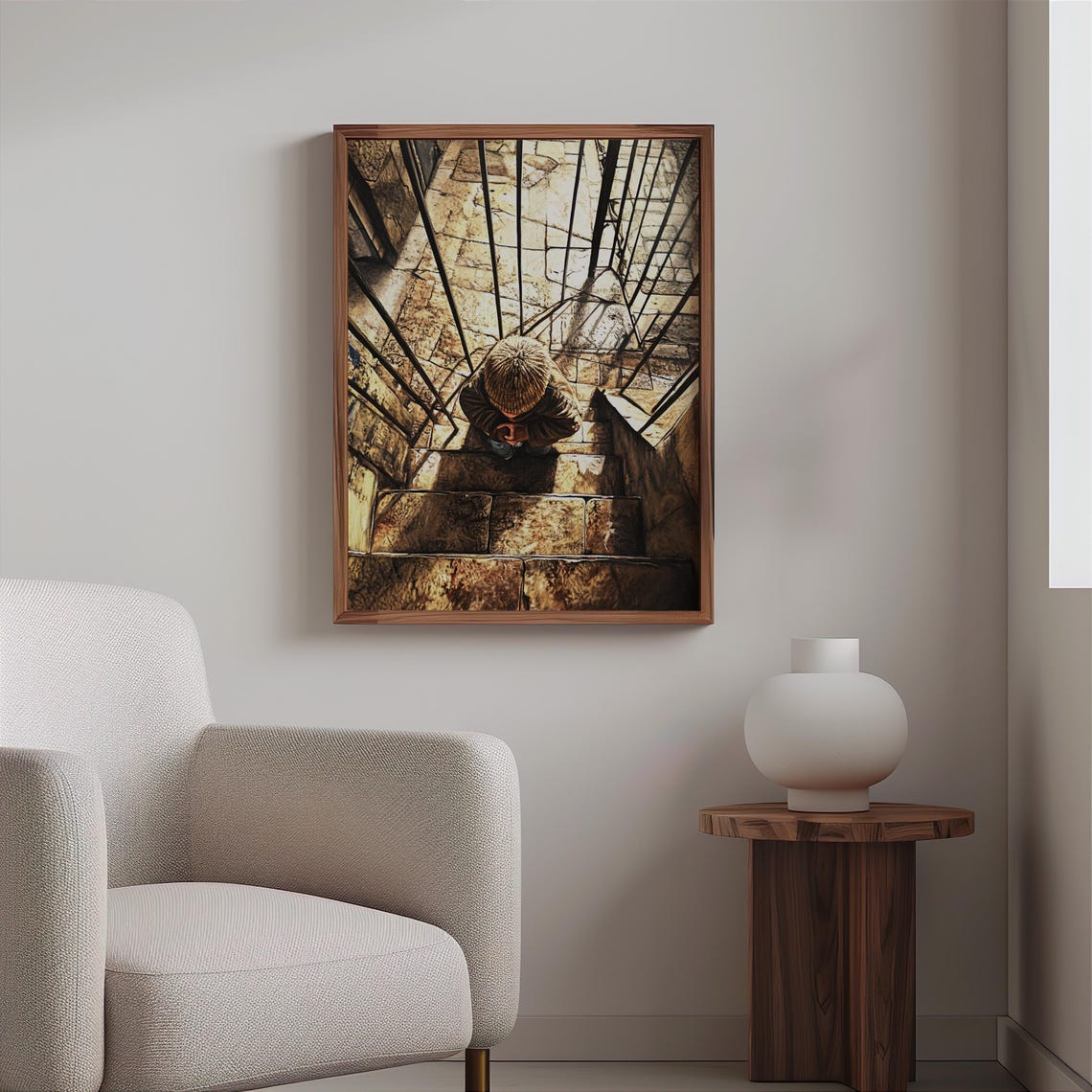 Boy Stone Stairwell Overhead View Pensive Photorealism Poster - Image 2
