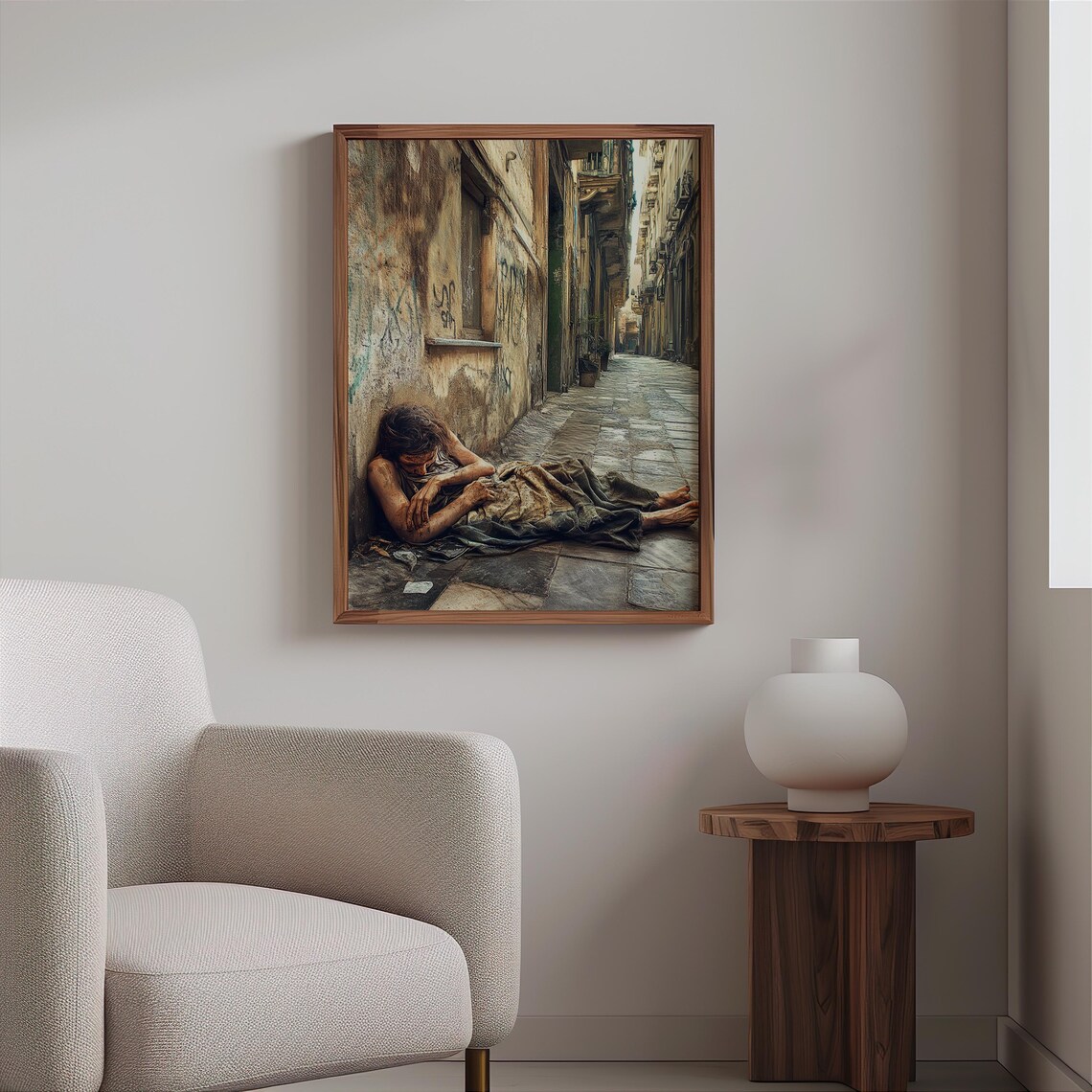 Homeless Person Sleeping Narrow Alley Graffiti Photoreal Art Poster - Image 2