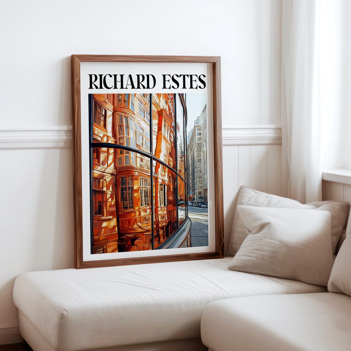 Richard Estes Orange Brick Buildings Curved Bus Window Art Poster