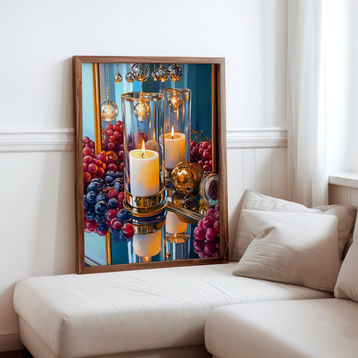 Glass Cylinder Hurricanes Candles Hanging Crystals Still Life Print