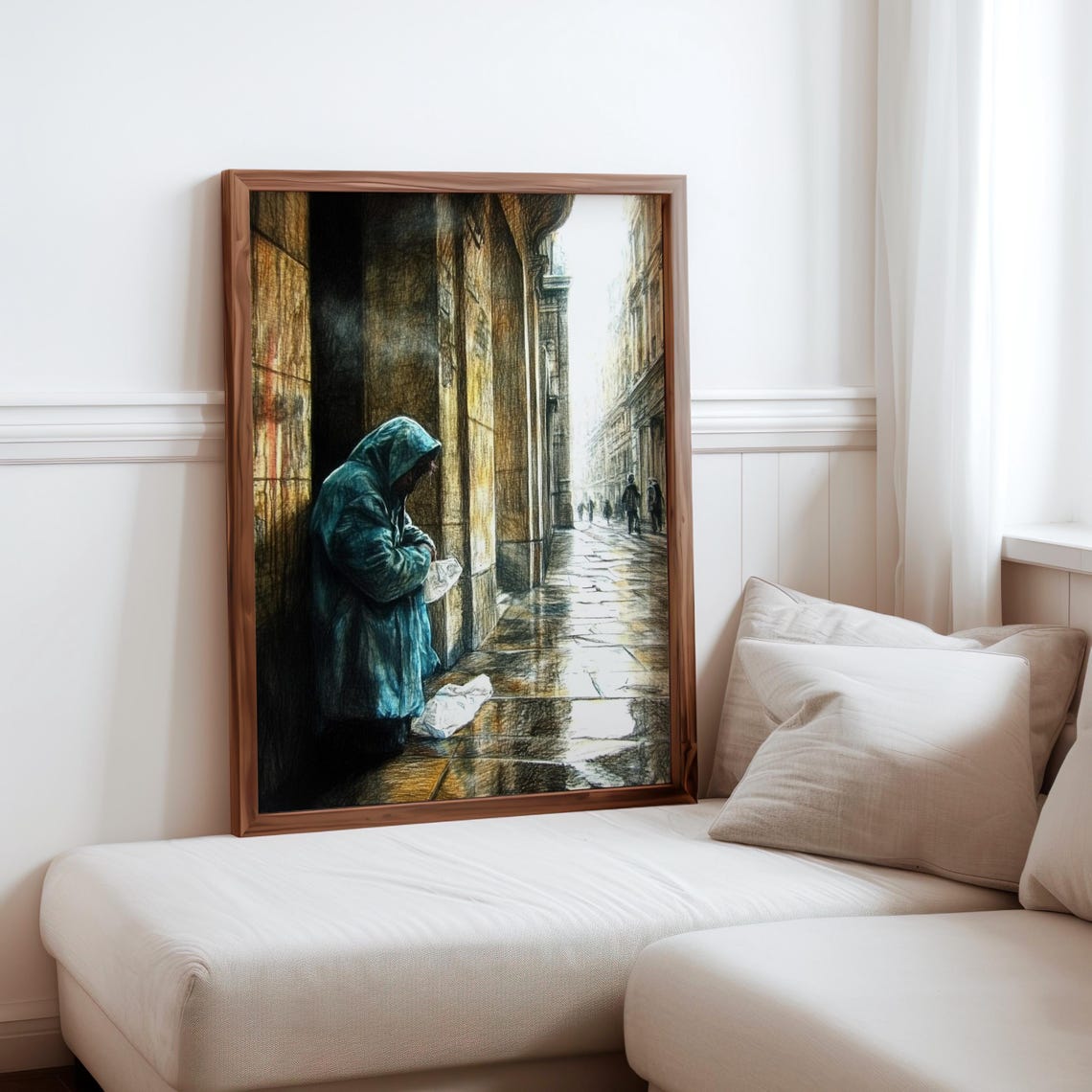 Hooded Figure Rainy Colonnade Wet Cobblestones Photorealism Poster