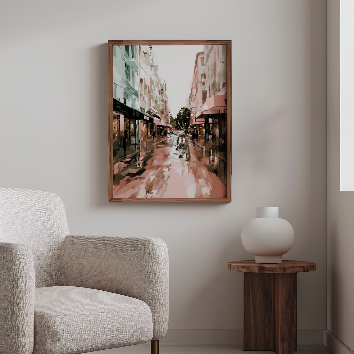 Pastel Pink Rainy City Street Wet Reflections Soft Blurred Art Poster - Image 2
