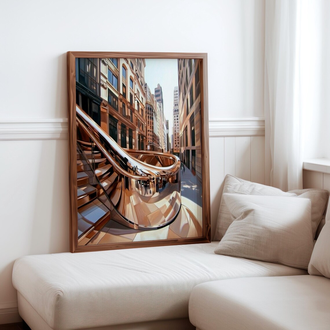 Photorealistic Curved Chrome Sculpture Staircase City Street Poster