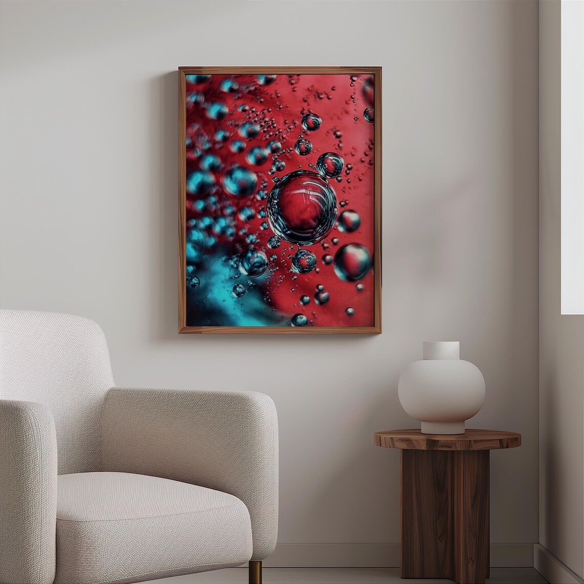 Red Liquid Swirl Blue Droplets Photorealistic Abstract Art Poster - Image 2