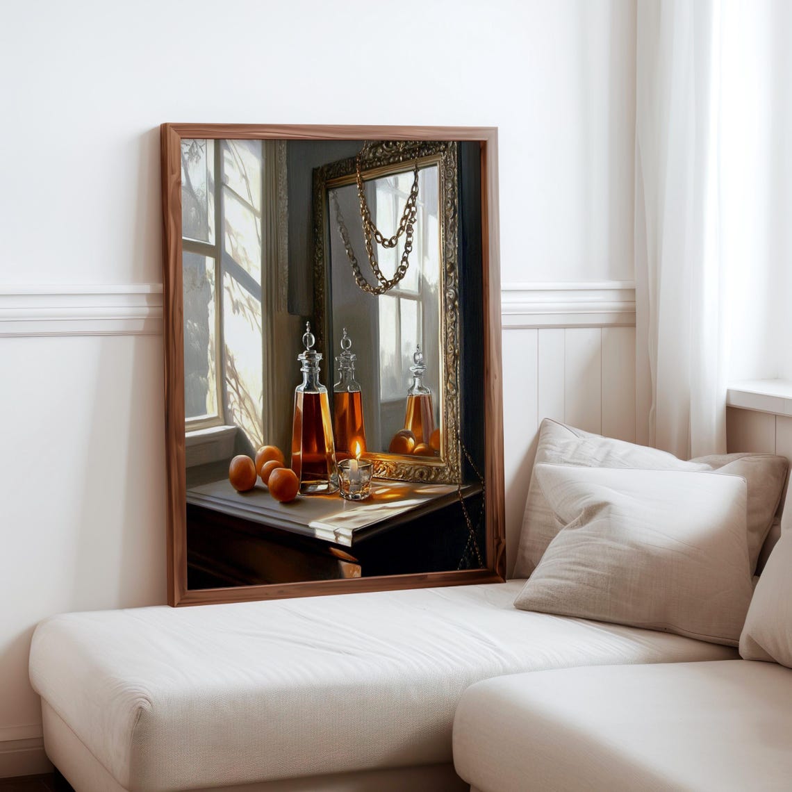 Amber Decanters Oranges Gilt Mirror Chain Still Life Art Print