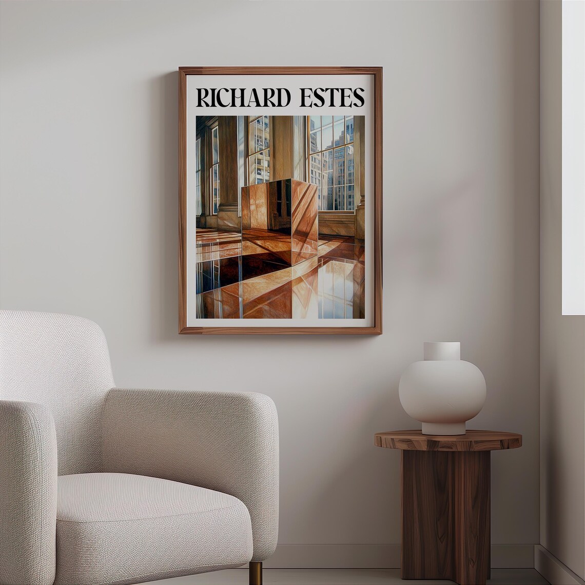Marble Lobby Wooden Pedestal Sunlit Windows Photorealism Art Poster - Image 2