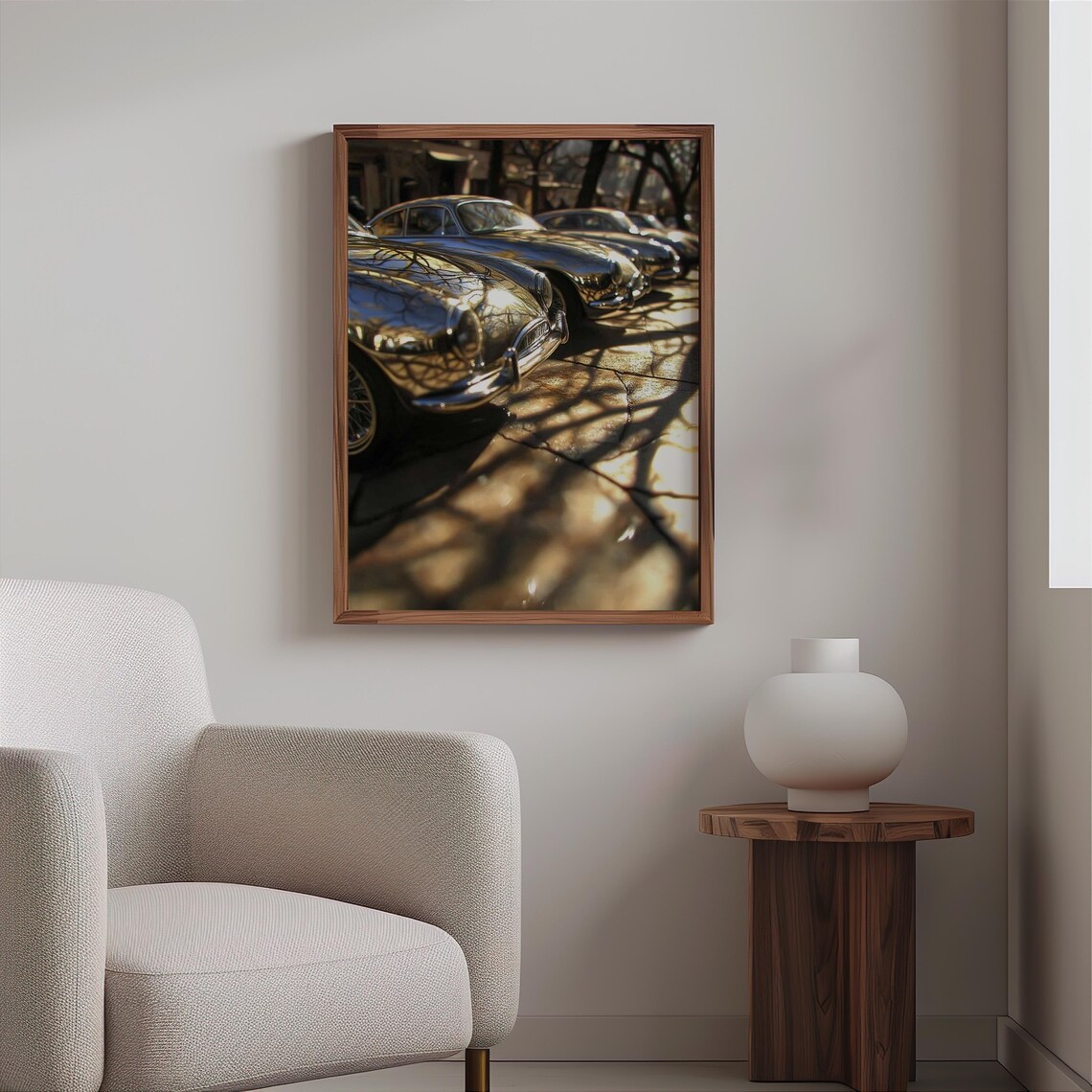 Classic Cars Row Chrome Hoods Sunlit Street Vintage Auto Poster - Image 2