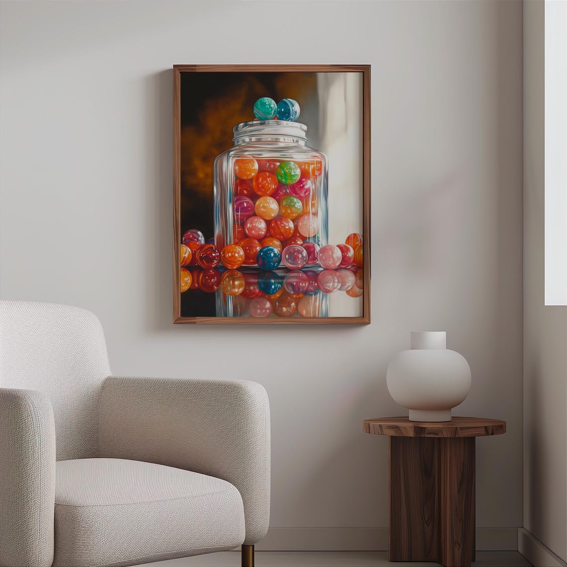 Candy Jar Metal Lid Rainbow Gumballs Blue Marbles Warm Dark Poster - Image 2