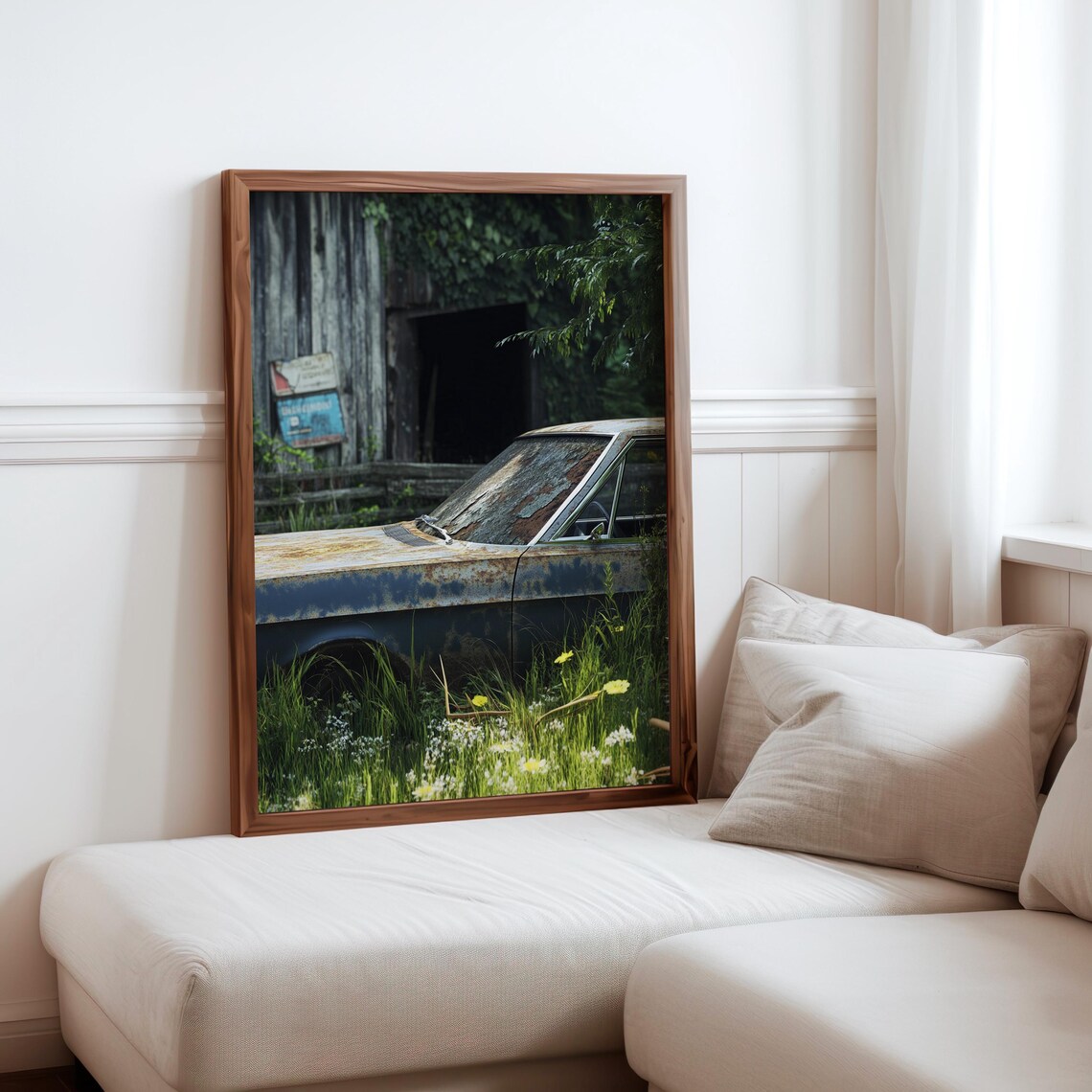 Rusted Abandoned Car Overgrown Grass Wooden Barn Photorealistic Poster