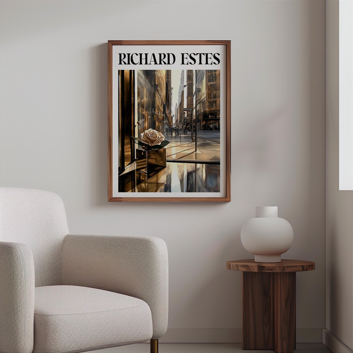 Richard Estes Inspired White Rose City Street Reflection Print - Image 2
