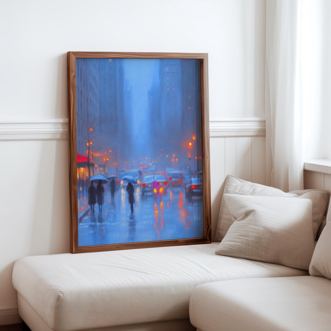 Blue Misty Evening City Street Umbrellas Light Reflections Art Poster