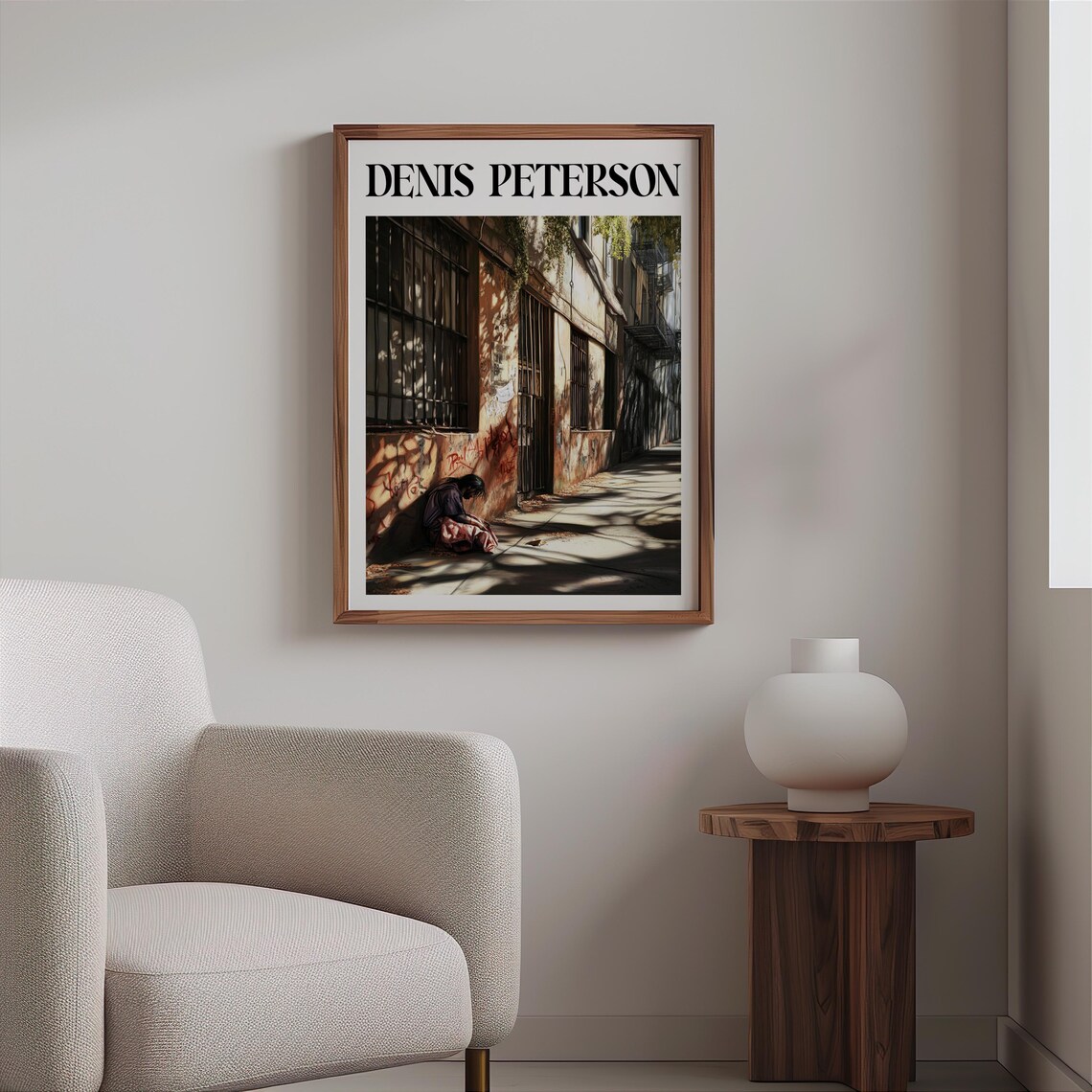 Denis Peterson Figure Crouching Graffiti Wall Sunlit Alley Art Poster - Image 2