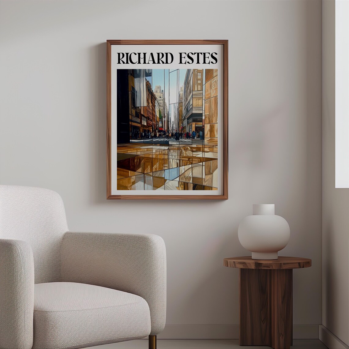 Busy Crowded Street Angled Mirror Reflections Photorealism City Poster - Image 2