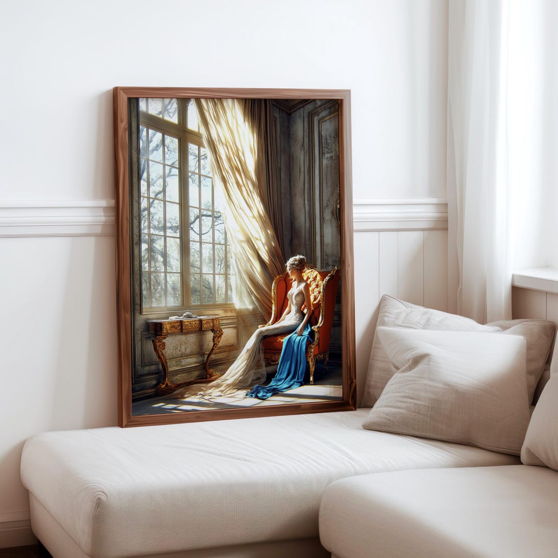 Lady Blue Gown Red Chair Tall Window Sheer Curtain Classic Poster
