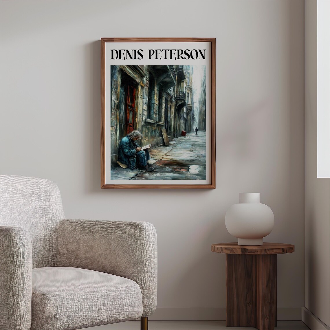 Denis Peterson Old Man Reading Book Doorway Street Scene Art Poster - Image 2
