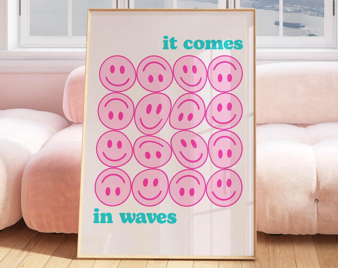 Pink Smiley Face Grid It Comes In Waves Positive Quote Wall Art