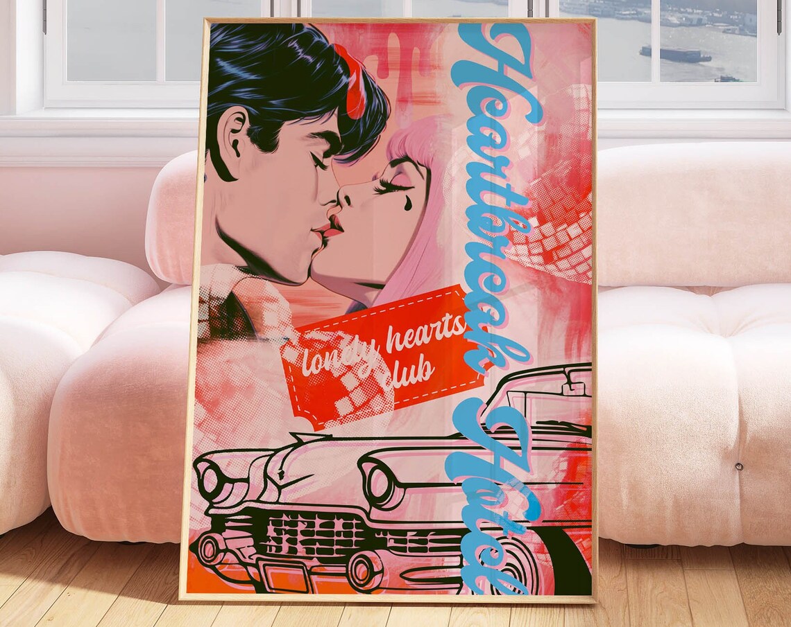 Heartbreak Hotel Lonely Hearts Club Retro Kiss Classic Car Art Poster - Image 2