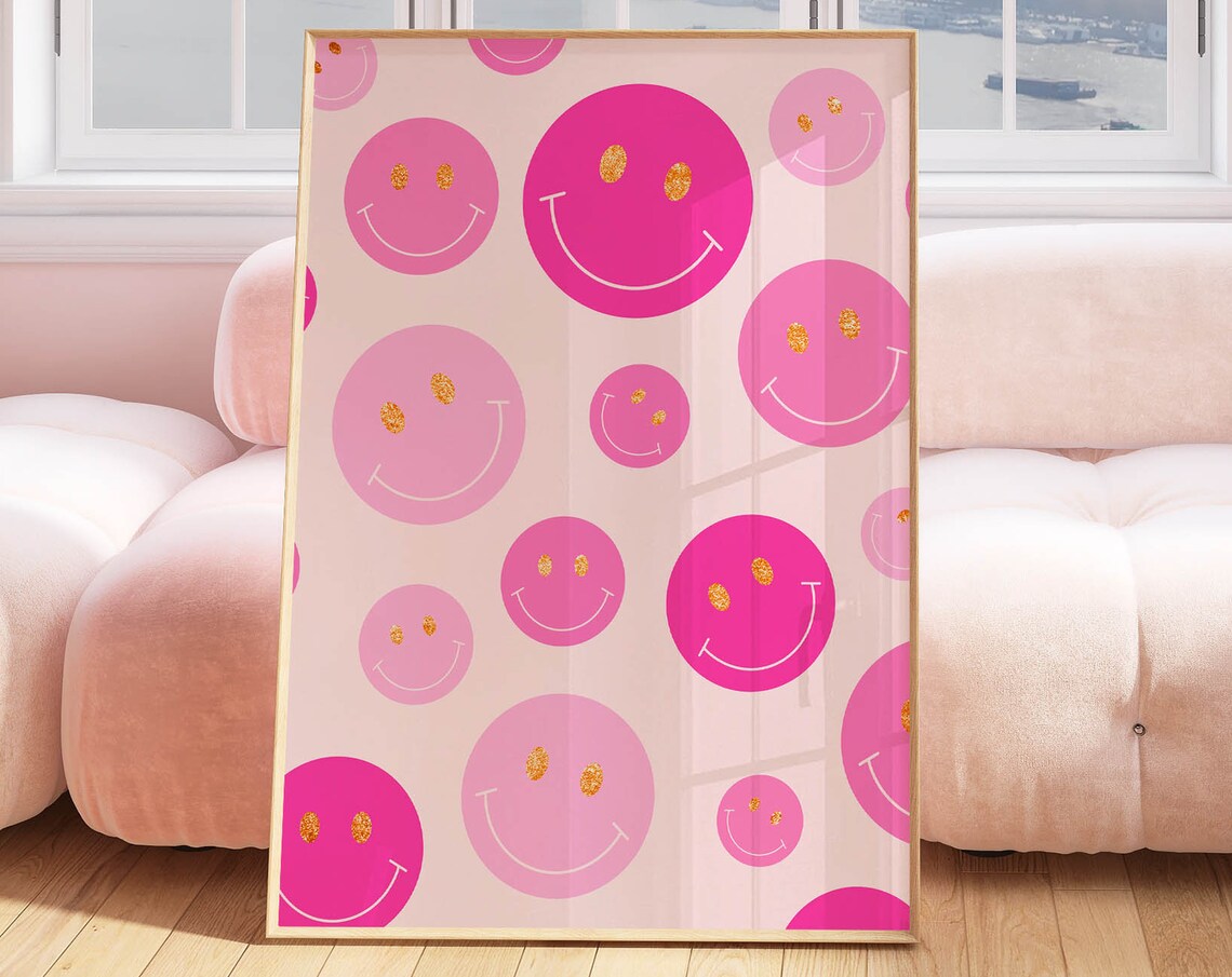 Smile Face Pink Art Print, Preppy Apartment Decor