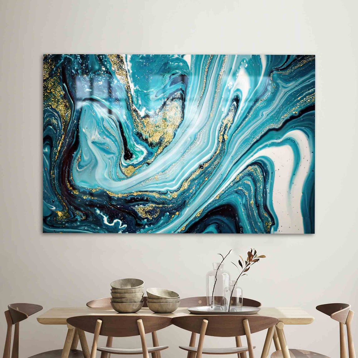 Glass Art Wall Decor Tempered Abstract Marble Gold Blue And