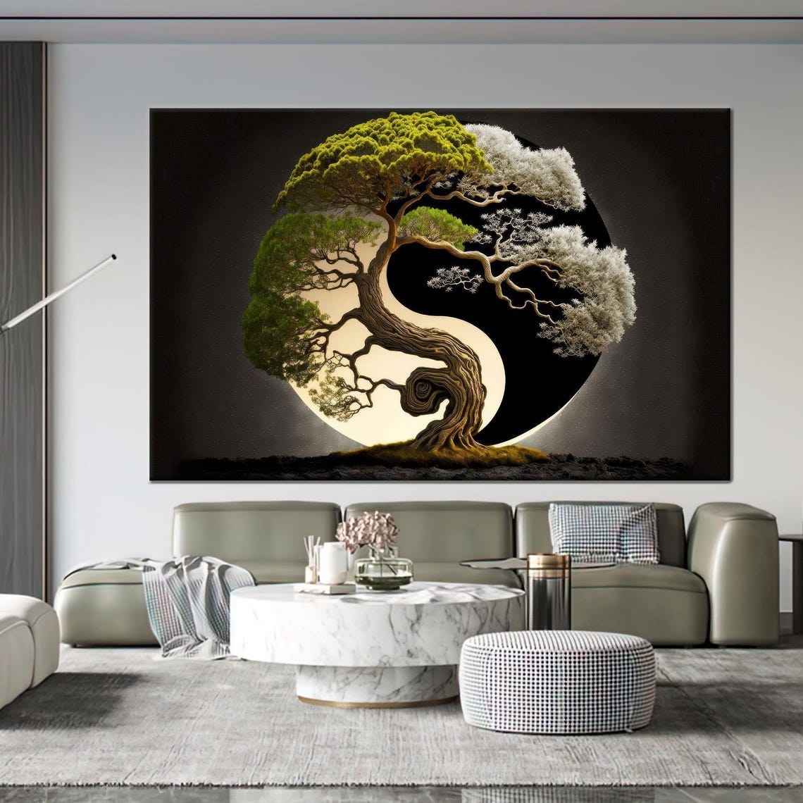Yin Yang Bonsai Tree Zen Balance Black Canvas Background Wall Art