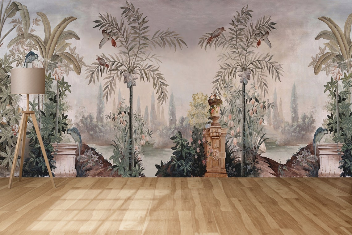Panoramic Tropical Bird Garden Mural Palms Classical Urns Wall Art