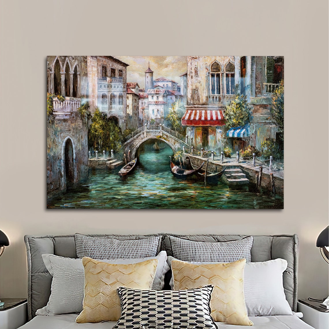 Venice Italy Canal Gondolas Stone Bridge Oil Painting Poster