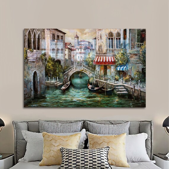 Venice Italy Canal Gondolas Stone Bridge Oil Painting Poster