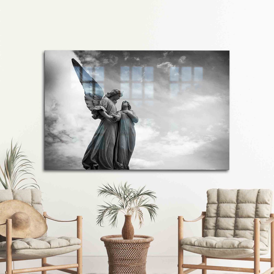 Guardian Angel Stone Statue Dramatic Cloudy Sky Sculpture Poster