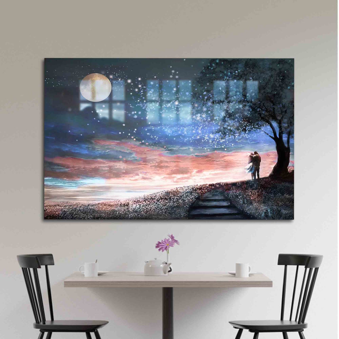 Romantic Couple Under Tree On Moonlit Night Sky Glass Wall Art